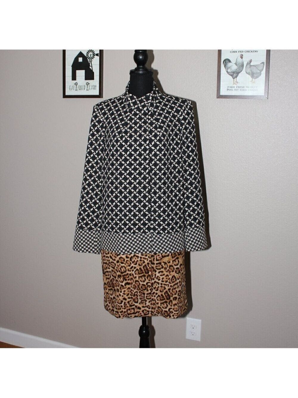 Dennis Basso Womens Animal Print Houndstooth Long Snap Front Jacket Size 14